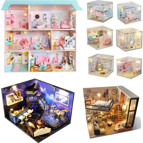 3D Wooden DIY Mini Dollhouse kit Miniature Furniture bed piano accessories doll house for dolls Girls boys room with Dust Cover