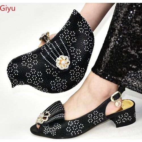 Doershow nice Shoes and Bag Set African Sets 2019 BLACK Color Italian Shoe Bag Set Decorated with Rhinestone High Quality!SJG1-1