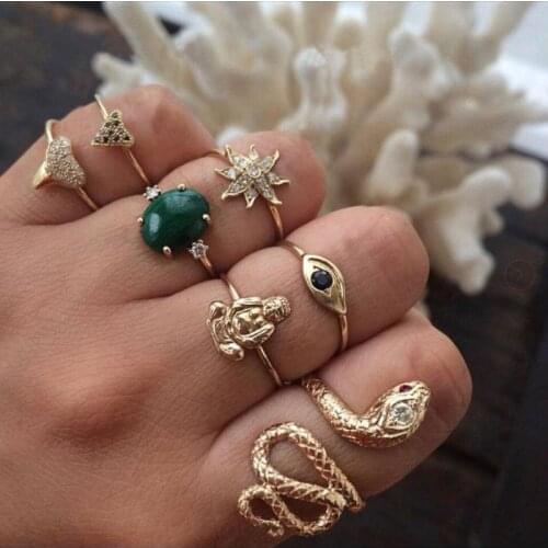 Boho Vintage Women Rings Sets Gold Crystal Six Star Flower Snake Rings Set for Women Fashion Charm Water Drop Rings Jewelry Gift