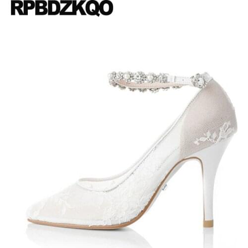 Pumps Size 33 Ankle Strap Ivory Lace Bridal Shoes Thin Bride Diamond Big Pointed Toe Wedding Crystal Women Up Mesh High Heels