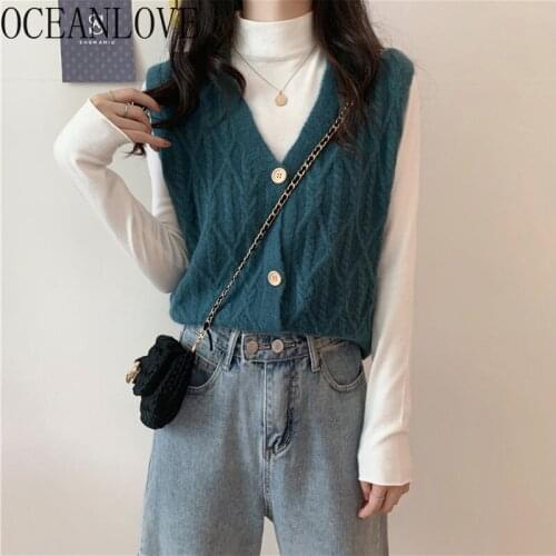 OCEANLOVE V Neck Women Cardigans Solid Single Breasted 2021 Autumn Winter Clothes Sweaters Fashion Vests Ladies Tops 18869