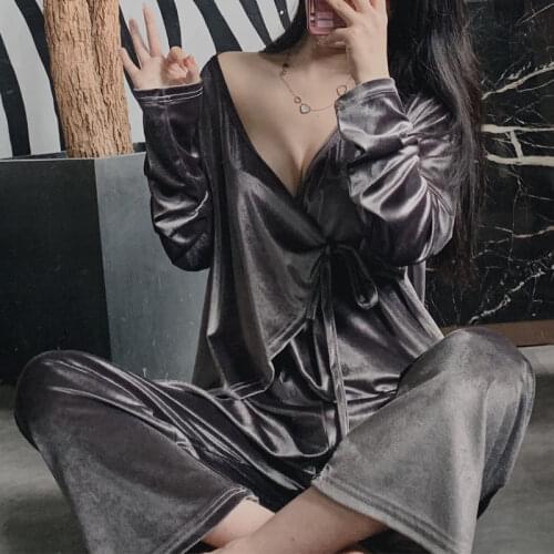 AECU Autumn and Winter Velvet Womens Pajama Sets Long Sleeve Pajamas Set Female Long Pajamas V-Neck Sleepwear Lounge
