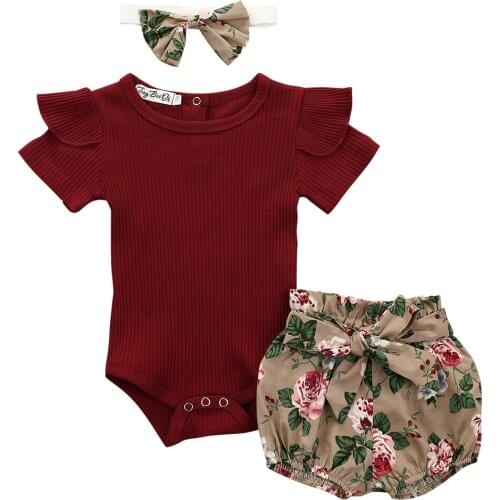 Newborn Infant Purplish Red Fly Sleeve Romper Flower Shorts Bow Headwear Set Baby Girls Breathable Jumpsuit with Short Trousers