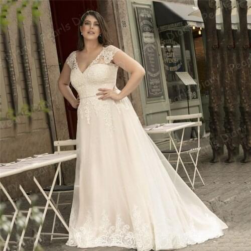 Plus Size Boho Bridal Dresses Luxury Appliques Wedding Dress 2021 Cap Sleeve V Neck Lace Bride Gown Beaded Belt Vestido De Noiva