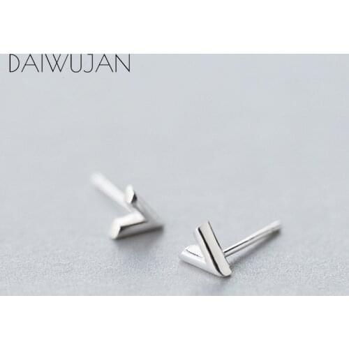 DAIWUJAN Simple Glossy V Shape 925 Sterling Silver Stud Earrings For Women Girl Mini Letter Femme Earrings Party Jewelry Gift