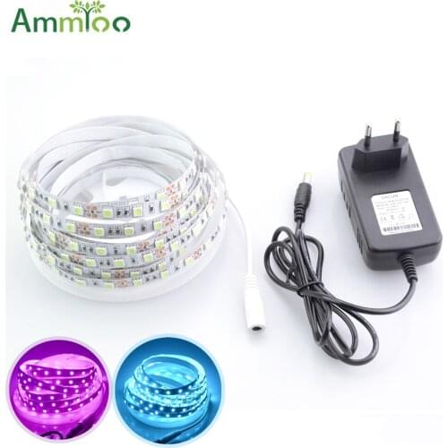 AmmToo 5M Led Light Strip DC 12V Fita De Led Strip 60lds/M SMD 5050 Flexible Led Tape Ribbon Pink Ice Blue Lighting + 3A Adapter