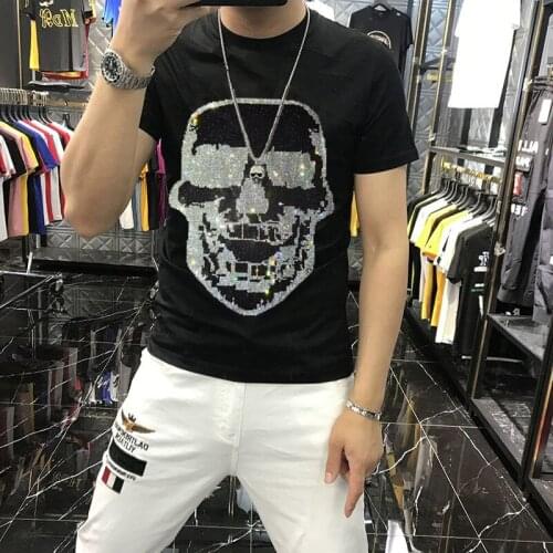 Spring And Summer New Mens T-Shirt Hot Drill Skull Pure Cotton Loose Breathable Short-Sleeved Casual All-Match Top