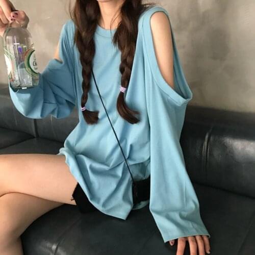 Harajuku Off Shoulder Top Women Korean 2020 Autumn Long Sleeve T Shirts Hollow Out Long Loose Tshirts Ladies Casual Basic Tee