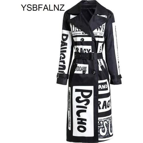 Fashion 2021 Autumn Womens Long Trench Coats Letters Printing High Street Stylish Graffiti Casual Quality Windbreaker Clothes