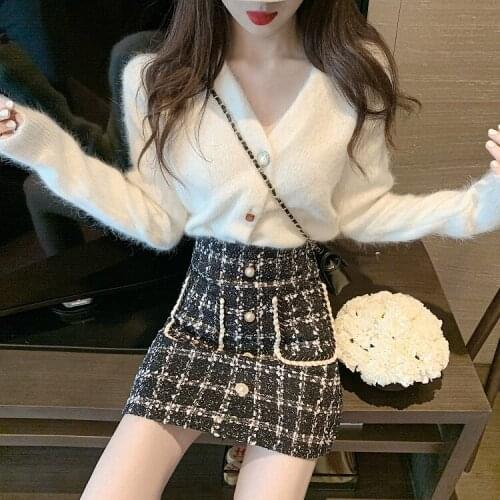 New 2021 Autumn Fashion Suit Women Sweet V-Neck Soft Mohair Sweater Cardigan + Plaid Tweed A-Line Mini Skirt 2 Piece Sets