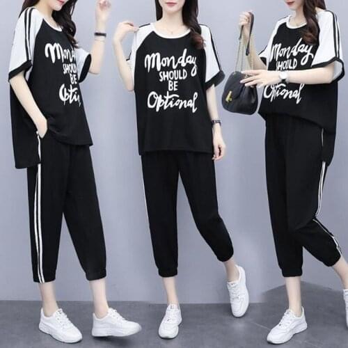 Two-piece Summer New Style 2021 Plus Size Suit Female Fat Sister 100kg Loose and Thin Cropped Trousers Two-piece Suit Printing