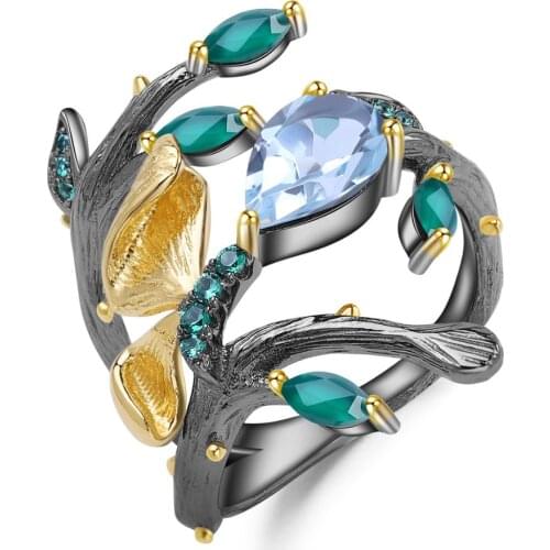 GEMS BALLET 2.29Ct Natural Sky Blue Topaz Ring 925 Sterling Silver Original Butterfly Branch Spring Rings for Women Jewelry