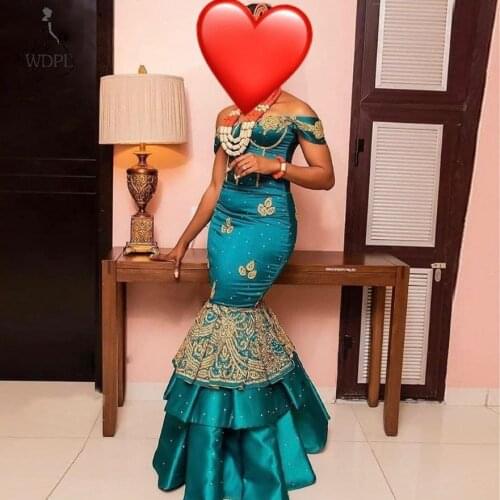 Teal Mermaid Off the Shoulder Evening Dresses African Lace Beaded Prom Gowns 2020 New Arabic Women Formal Dress Plus Size