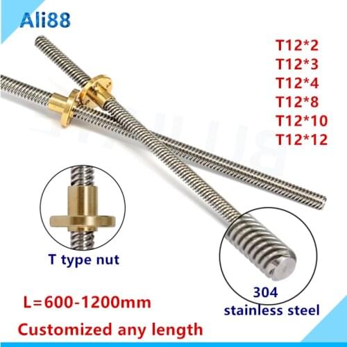 1pcs T12 lead screw 1000mm Customized any length Pitch 2 3 4 8 10 12 304 stainless steel Trapezoidal screw with brass nut