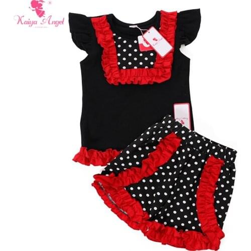 Kaiya Angel Children Clothing Summer Girls Set Black Shirts Point Dot Shorts Set Ruffles Boutique Outfits Baby Girl Clothes