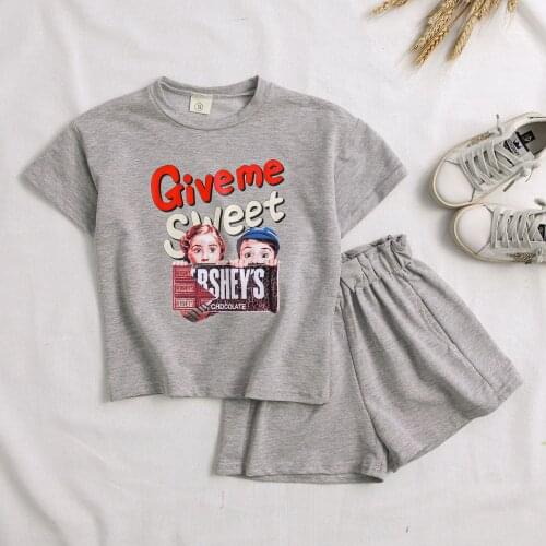 Childrens Unisex Clothing Boys And Girls Cartoon Printing Suit Childrens Solid Short-sleeved Shorts 2pcs Casual Clothes Set