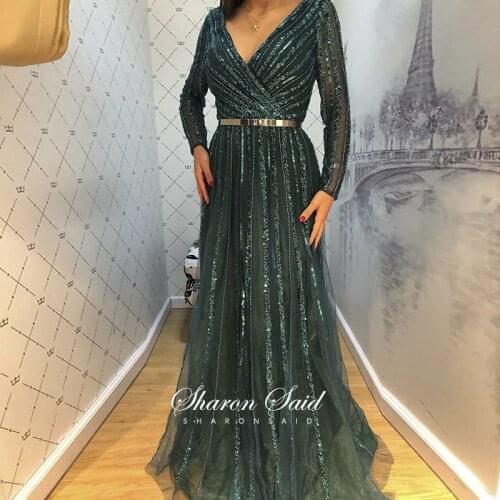 Elegant Emerald Green Arabic Evening Dresses Long Sleeve Sexy V-Neck Backless Dubai Formal Dress Women for Wedding Party Night