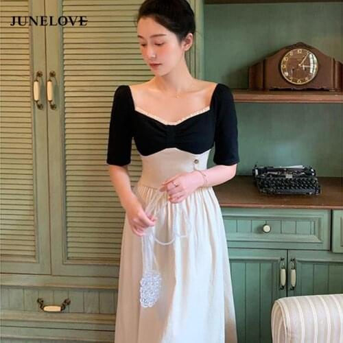 French Vintage Dress Women Patchwork Princess Elegant Sweet Midi Dress High Waist Summer Slim Casual Party Hepburn Dress 2021