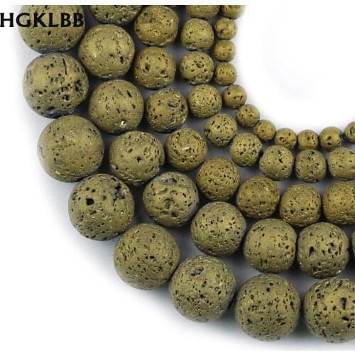 HGKLBB Natural gold Plating Lava Stone 4/6/8/10/12mm Volcanic Rock Round Loose Beads for Jewelry Making DIY Bracelet Accessories