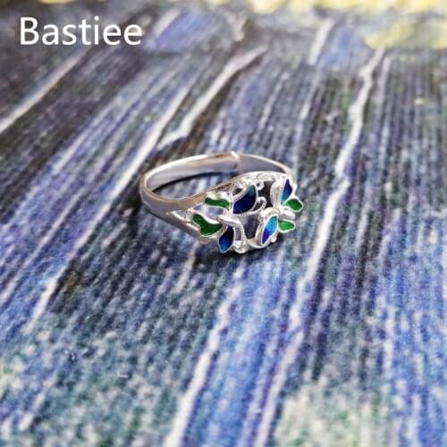 Bastiee 999 Sterling Silver Butterfly Ring For Women Cloisonne Enamel Rings Luxury Jewelry Hmong Handmade Ethnic Adjustable Size