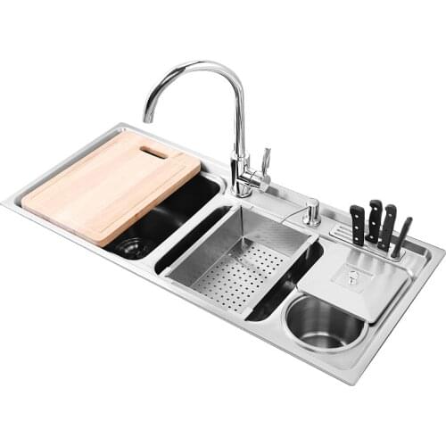 Kitchen Basin SUS304 stainless steel three tank wash vegetable pot lengthening multi-function Kitchen sink with trash can