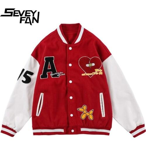 SEVEYFAN Mens Fashion Love Letter Towel Embroidery Baseball Jacket Hip Hop PU Leather Patchwork Coat for Couples