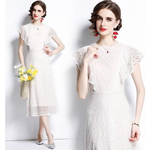 Summer New Womens Clothing Elegant Slim Fit Flying Sleeves round Neck Mid-Length White Hollow-out Lace Dress