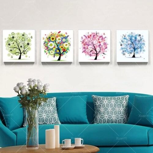 4 Piece Canvas Wall Art Modern Landscape Abstract Oil Painting Season Tree Home Decor Art Pictur Print On Canvas(No Frame)