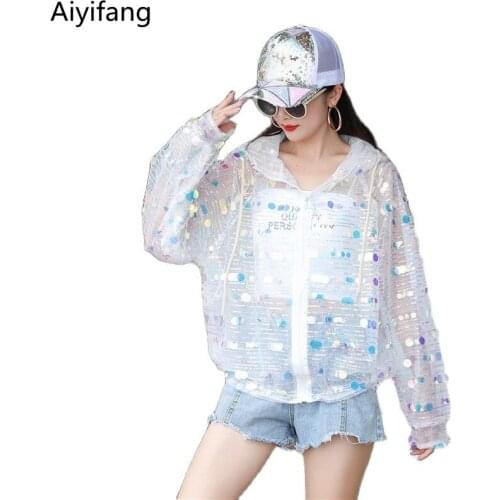 New Hooded Sunscreen Shirt Runway Women Lace Embroidery Sequins Cardigan Coat Summer Plus Size Long Sleeve Loose Organza Jackets