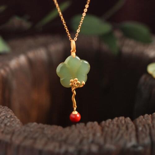 Sterling Silver S925 Gilding Inlaid Hetian Gray Jade South Red Necklace Classical Style Exquisite Plum Fan Pendant Retro Tempera