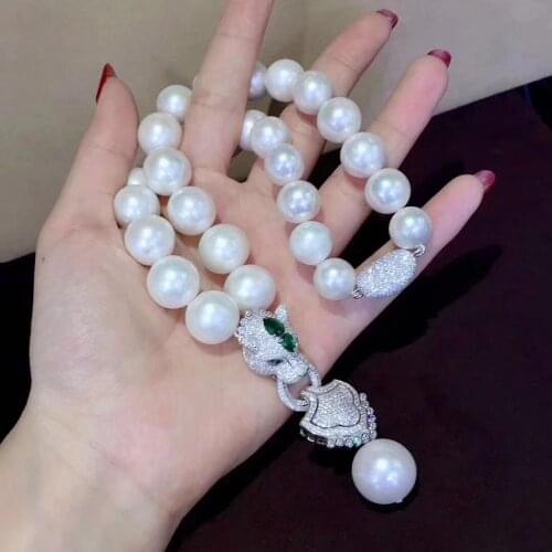 Hot sell new styles 12-13mm natural KESHI REBORN PEARL white freshwater pearl necklace Leopard head clasp zircon pendant