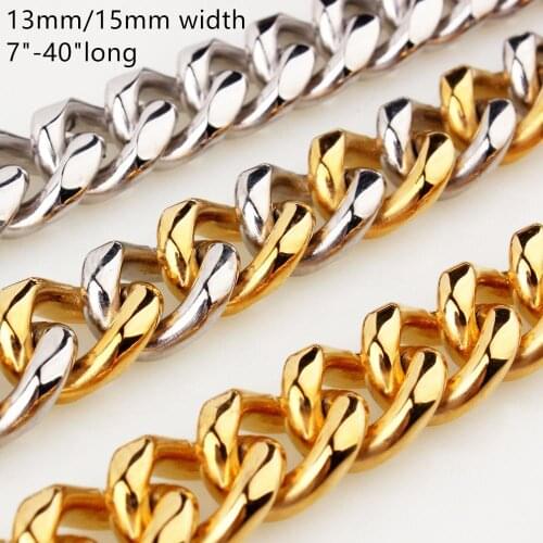 Polished Mens Necklace Stainless Steel 13/15MM Silver Color Round Cuban Curb Chain Womens Necklace or Bracelet