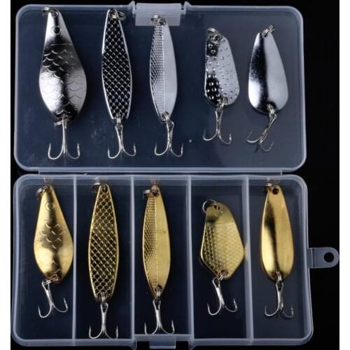 10pcs Gold/Silver Color Fishing Lures Spinner Spoon Bait Metal Lure Kit Iscas Artificias Hard Bait Fresh Water Bass Pike Bait