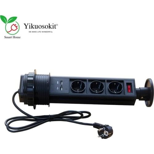 Hidden Kitchen Worktops Pulling Up Socket With 3 EU Plug Outlets, 2 USB Charging Port On Off Switch All Black