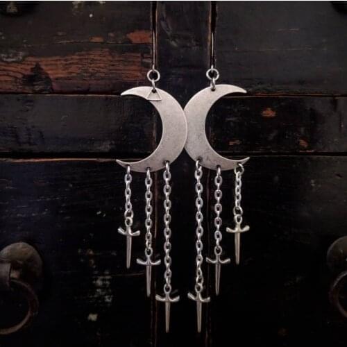 Dagger - Earrings - Crescent Moon - Sword - Long - Goth - Gothic - Witchy - Celestial - Jewelry