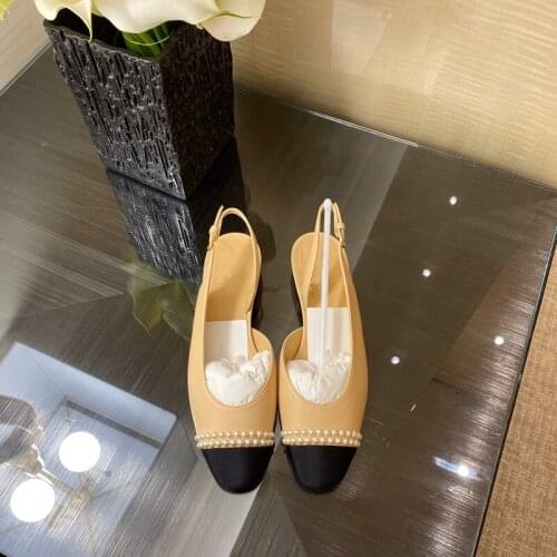 Prowow New Quality Genuine Leather Beige Pearl Beading Summer Sandals Slingback Square Toe Low Heel Sandals Shoes Women