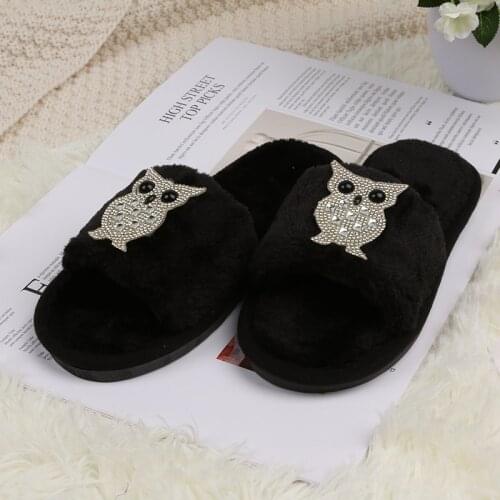 Ginchasio Women Slippers Faux Fur Fluffy Winter Short Plush Crystal Black Color Animals Fuzzy Cozy Bedroom Home Furry Slippers