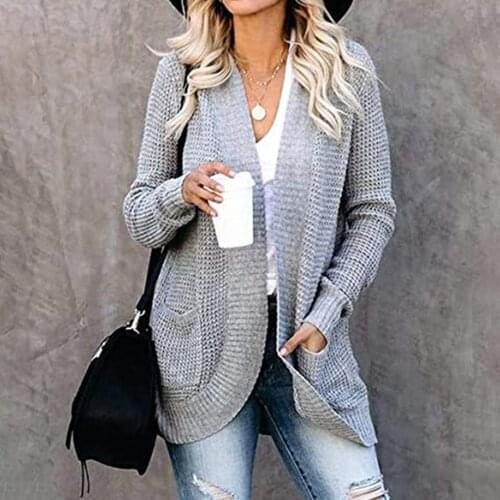 Women Autumn Winter Long Sleeve Open Front Cardigan Pockets Knit Coat Outerwear