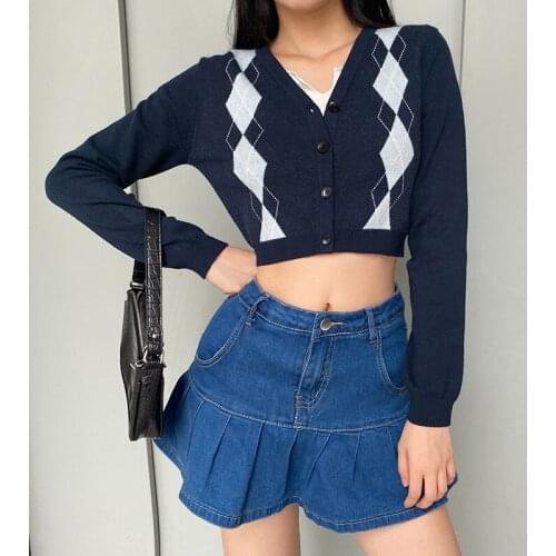 Newest Arrival Women Casual Knitted Sweater Female Fashion Dark Blue Plaid Printed Pattern Long Sleeve V-neck Cardigan Outfits