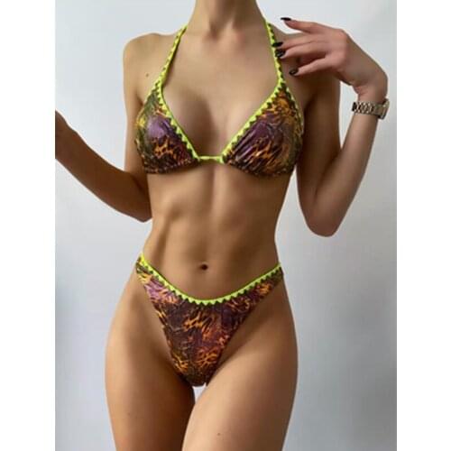 Womens Sexy Leopard Print Bandage Brazilian Bikini Set Halter Thong Bikini Tie Two Sides Bottom Triangle Swimsuits Swimwear