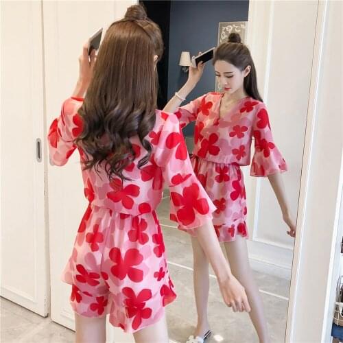 Women Rompers Casual Shorts Pants Overalls Short Sleeve V Neck Floral Playsuits Summer Beach Chiffon Ruffle Jumpsuits DD1932