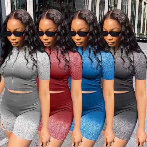Fashion Streetwear Gradient Tracksuit Women Casual Sport Zipper Stand Collar Shorts Sleeve Crop Top Shorts Two Piece Set Outfits