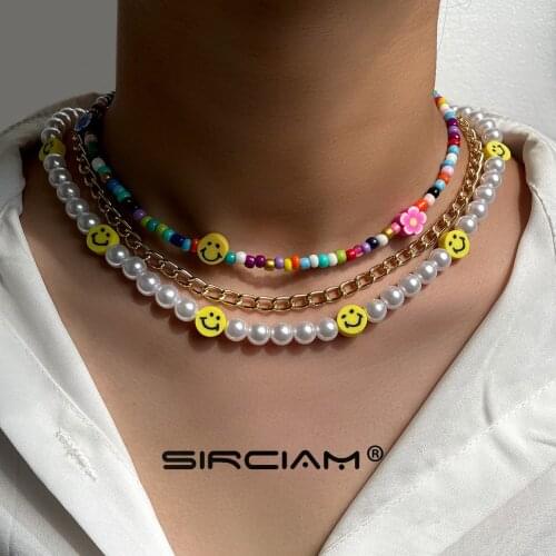 Korean Smiley Pearl Choker Fruits Beaded Necklace For Women Rainbow Seed Bead Chunky Metal Chain Clavicle Necklace Girls Jewelry