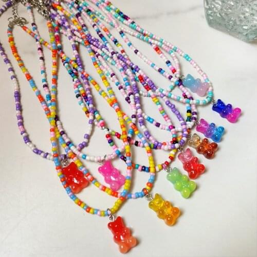 Summer New Candy Color Gummy Bear Beaded Necklace For Women Handmade Rainbow Crystal Beads Pendant Necklace Boho Beach Jewelry