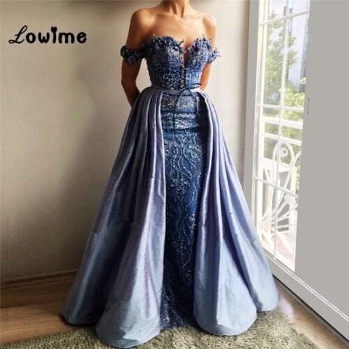 New Blue Arabic Evening Dresses 2018 Off Shoulder Handmade Wedding Party Dress Two Pieces Style Prom Dress Robe De Soiree