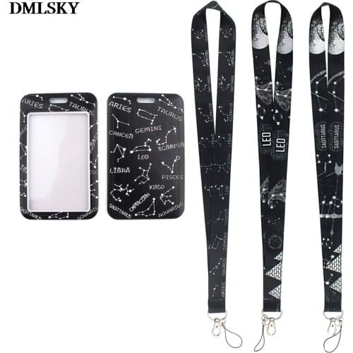 24pcs/lot MD185 DMLSKY Cartoon Constellation Black Lanyard Keychain Badge Mobile Phone Rope Cute Gifts Lanyard With Card Holder