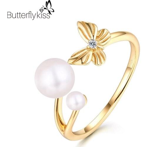 BK Butterfly Open Adjustable Finger Rings For Women 925 Sterling Silver Freshwater Pearl Ring Band Wedding Promise Fine Jewelry