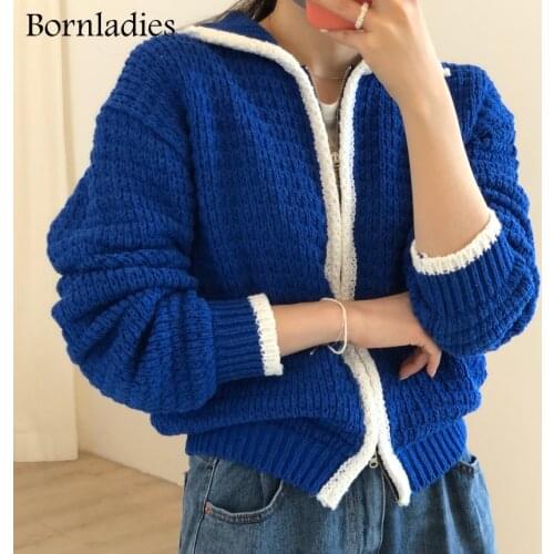 Bornladies 2021 Autumn Winter Women Waffle Sweater Tops Korean Style Long Sleeve Color Contrast Zipper Knitted Cardigan Coat