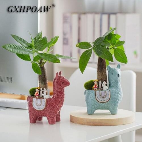 GXHPOAW lovely Alpaca Ceramics Flowerpot Animal Cartoons Succulents Personality Flower Pots Home Decoration Crafts Art Ornaments