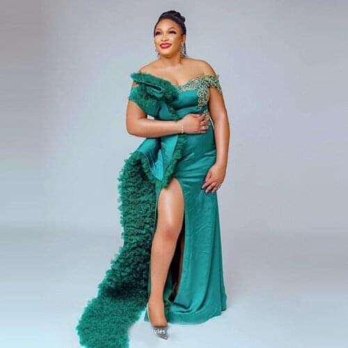 Elegant Lush Tulle Prom Dresses Off Shoulder Formal Dress Abendkleider High Slit Evening dress Party Gowns Arabic Aso Ebi